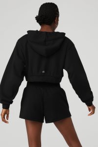 Bluzy Z Kapturem Alo Yoga Cropped Headliner Shoulder Pad Damskie Czarne | 10689-DFSV