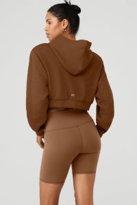 Bluzy Z Kapturem Alo Yoga Cropped Headliner Shoulder Pad Damskie Brązowe | 64087-XYRJ