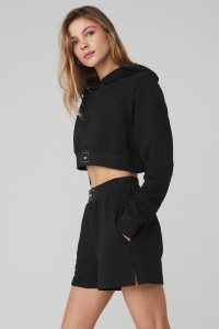 Bluzy Z Kapturem Alo Yoga Pikowana Cropped Arena Damskie Czarne | 16572-OMFB