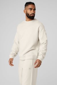 Bluzy Z Kapturem Alo Yoga Renown Heavy Weight Crew Neck Męskie Beżowe | 89732-NJZF