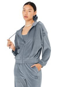 Bluzy Z Kapturem Alo Yoga Velour Glimmer Full Zip Damskie Szare Niebieskie | 29374-GUWA