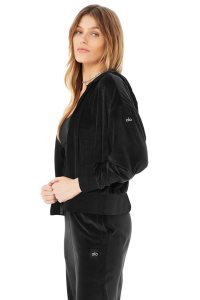 Bluzy Z Kapturem Alo Yoga Velour Glimmer Full Zip Damskie Czarne | 38591-WFCP