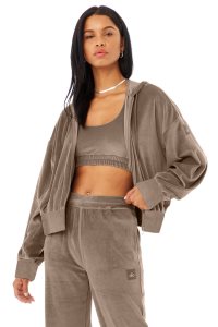 Bluzy Z Kapturem Alo Yoga Velour Glimmer Full Zip Damskie Kawa | 52639-WASB