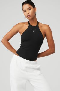 Body Alo Yoga Goddess Rib Prime Time Halter Damskie Czarne | 18902-EWKJ
