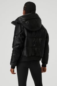 Kurtka Puffer Alo Yoga Faux Skórzane Boss Puffer Damskie Czarne | 40523-REXO