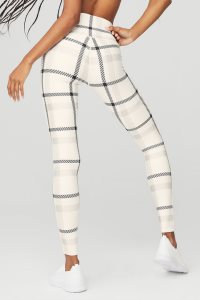 Legginsy Alo Yoga Airlift High-Stanem Magnified Plaid Damskie Białe Czarne | 48639-ESGX