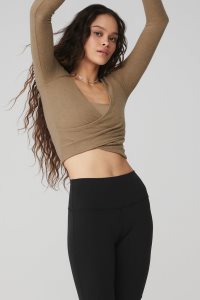 Long Sleeve Alo Yoga Amelia Luxe Crop Damskie Khaki | 59601-VBOT