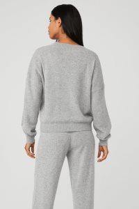 Long Sleeve Alo Yoga Cashmere Jet Set V-Neck Damskie Szare | 68435-HYJW