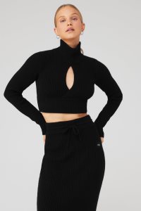 Long Sleeve Alo Yoga Cashmere Żebrowany Zimowe Dream Cropped Turtleneck Damskie Czarne | 84902-WHZD