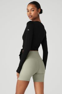 Long Sleeve Alo Yoga Cropped Escalate Wrap Damskie Czarne | 40761-LGAU