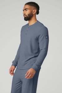 Long Sleeve Alo Yoga Micro Waffle Fast Break Henley Męskie Granatowe Niebieskie | 51730-JQIS