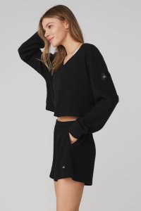 Long Sleeve Alo Yoga Muse V-Neck Damskie Czarne | 92460-ACVH
