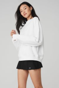 Long Sleeve Alo Yoga Renown Heavy Weight Emblem Crew Neck Damskie Białe | 29708-TICK