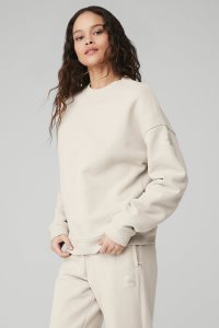 Long Sleeve Alo Yoga Renown Heavy Weight Crew Neck Damskie Beżowe | 63748-QRIF
