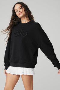 Long Sleeve Alo Yoga Renown Heavy Weight Emblem Crew Neck Damskie Czarne | 72506-AMFO