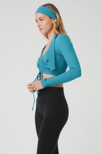 Long Sleeve Alo Yoga Żebrowany Cinch Cropped Damskie Niebieskie | 80136-FPDC