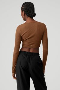 Long Sleeve Alo Yoga Żebrowany Cropped Whisper Damskie Brązowe | 15739-SBEF