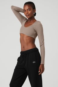 Long Sleeve Alo Yoga Żebrowany Defined Damskie Szare Brązowe | 10672-KSVR