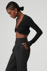Long Sleeve Alo Yoga Żebrowany Knotty Damskie Czarne | 01987-HUTX