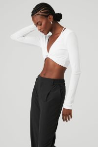 Long Sleeve Alo Yoga Żebrowany Knotty Damskie Białe | 36790-CNEQ