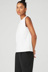 Podkoszulki Alo Yoga Headliner Shoulder Pad Bez Rękawów Tee Damskie Białe | 35019-OXSM