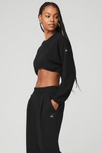 Pulowery Alo Yoga Cropped Tailored Crew Neck Damskie Czarne | 40163-YXMQ