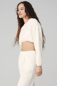 Pulowery Alo Yoga Cropped Tailored Crew Neck Damskie Białe | 42015-XZRU