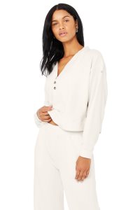 Pulowery Alo Yoga Micro Waffle Pleasant Cropped Henley Damskie Białe | 19580-IEAG