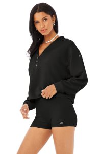 Pulowery Alo Yoga Micro Waffle Pleasant Cropped Henley Damskie Czarne | 65428-AHBJ