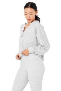 Pulowery Alo Yoga Micro Waffle Pleasant Cropped Henley Damskie Szare | 80396-VKAT