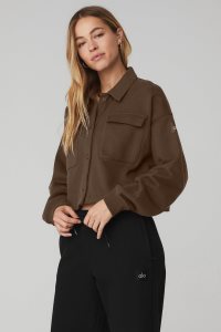 Pulowery Alo Yoga Renown Cropped Button-Up Damskie Kawa | 06914-THEA