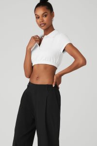 Short Sleeve Alo Yoga Cropped Prestige Polo Damskie Białe | 08756-ECYP