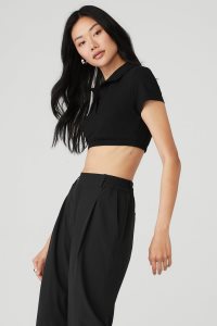 Short Sleeve Alo Yoga Cropped Prestige Polo Damskie Czarne | 12394-LWKC