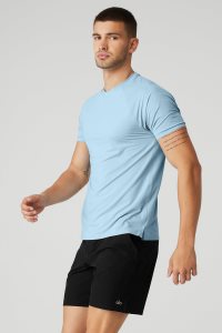 Short Sleeve Alo Yoga Idol Performance Tee Męskie Niebieskie | 10524-DUGP