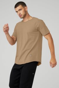 Short Sleeve Alo Yoga Society Crewneck Tee Męskie Khaki | 15463-LWJU