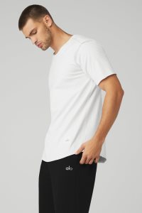 Short Sleeve Alo Yoga Society Crewneck Tee Męskie Białe | 61874-HKAR