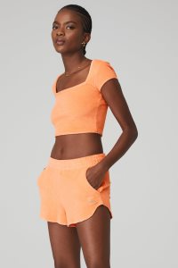 Short Sleeve Alo Yoga Terry Beachside Damskie Pomarańczowe | 40256-WFXO