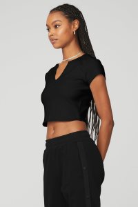 Short Sleeve Alo Yoga Żebrowany Cropped Savvy Damskie Czarne | 80362-FSUG