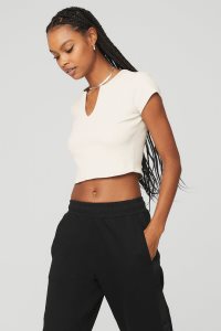 Short Sleeve Alo Yoga Żebrowany Cropped Savvy Damskie Białe | 90687-DZCV