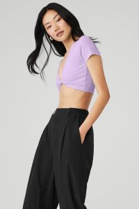 Short Sleeve Alo Yoga Żebrowany Knotty Damskie Fioletowe | 46158-POAU