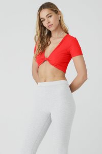 Short Sleeve Alo Yoga Żebrowany Knotty Damskie Czerwone | 46903-ZFML