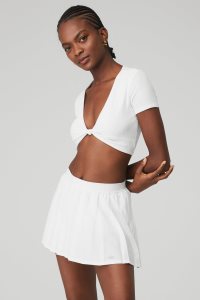 Short Sleeve Alo Yoga Żebrowany Knotty Damskie Białe | 78023-KMVL