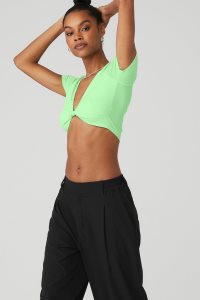 Short Sleeve Alo Yoga Żebrowany Knotty Damskie Mięta Zielone | 86512-CWVG