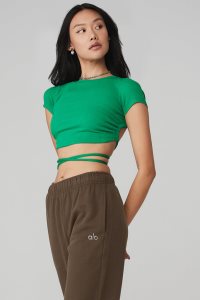 Short Sleeve Alo Yoga Żebrowany Manifest Damskie Zielone Turkusowe | 87365-KRYP