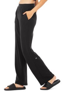Spodnie Sportowe Alo Yoga Micro Waffle High-Stanem Pleasant Szerokie Leg Pant Damskie Czarne | 43679-ULEM