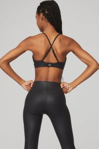 Staniki Alo Yoga Faux Skórzane Airbrush Splendor Damskie Czarne | 79836-WLGJ