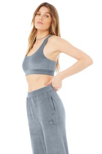 Staniki Alo Yoga Velour Glimmer Scoop Neck Damskie Szare Niebieskie | 06973-TAZC